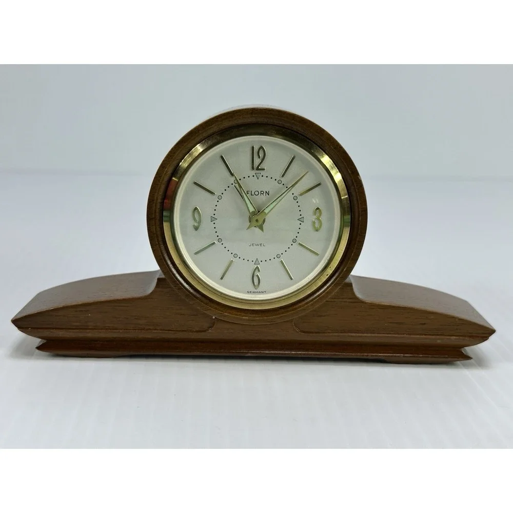 VTG Florn Germany Wood Brass Alarm Clock Luminous Hands Works‎ Intermittently